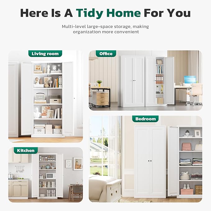 Greenvelly Metal Cabinet, 63" H White Metal Storage Cabinet with Doors and 4 Shelves, Pantry Storage Cabinet for Kitchen, Bedroom, Living Room, Office (Modern)