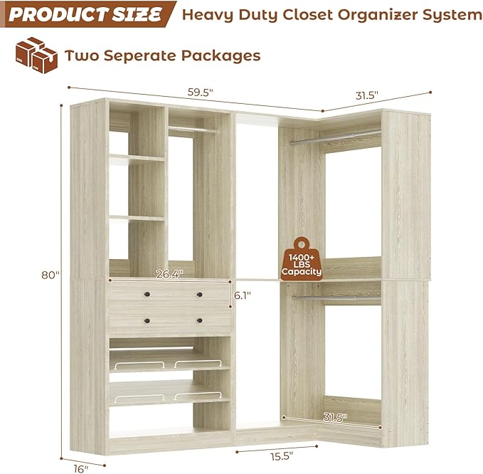 Closet System with 2 Drawers, 3 Hanging Rods, 59.5" * 31.5" Closet Organizer System with Corner Tower, Reversible L Shaped Walk-in Closet System, Corner Closet System Set of 2, Greige Oak