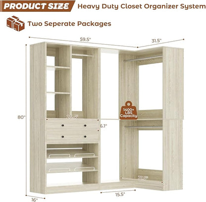 Closet System with 2 Drawers, 3 Hanging Rods, 59.5" * 31.5" Closet Organizer System with Corner Tower, Reversible L Shaped Walk-in Closet System, Corner Closet System Set of 2, Greige Oak