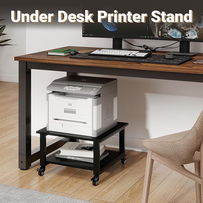 Natwind 2 Tiers Office Movable Laser Printer Copier Stand Cart Under Desk Heavy Duty Dark Brown Rolling Table with Storage Floor-Standing Holder on Wheels Fax Paper Organizer Shelf for Home (Black)