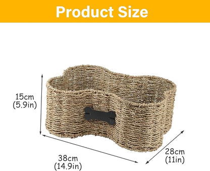 Personalized Dog Toy Bin - Bone Shape Dog Toys Storage & Organizer Boxes for Living Room - Handmade Seagrass Basket