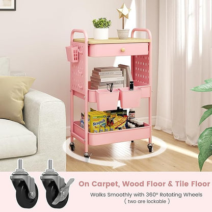 danpinera 3 Tier Rolling Cart, Metal Storage Cart with Drawer, Wooden Tabletop & DIY Pegboards, Utility Carts on Wheels with Hooks & Hanging Cups, Mobile Storage Organizer Trolley for Kitchen, Office