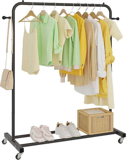 Sywhitta Clothing Rack on Wheels with Storage Shelf & Sturdy Metal Frame, Retail Clothing Rack for Hanging Clothes, Coats, Skirts,Space-Saving Mobile Organizer for Closet, Bedroom, Laundry Room, Black