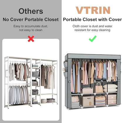 VTRIN Portable Closet for Hanging Clothes 67 Inch Wide Large Capacity Portable Wardrobe Closet with Cover, 4 Storage Shelves and 4 Hanging Rod Sturdy Free Standing Closet for Bedroom, Grey