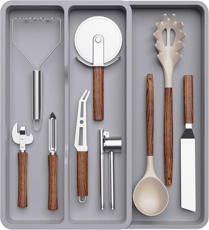 Lifewit Utensil Organizer for Kitchen Drawer, Expandable Cooking Silverware Tray, Adjustable Cutlery Flatware Holder, Plastic Spatula Tools Storage Divider, 14.4 x 15.8", Gray