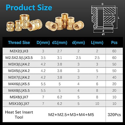 320+6Pcs M2 M2.5 M3 M4 M5 Premium Brass Threaded Inserts, Metric Brass Knurled Nuts Assortment Kit, with Heat Set Insert Tool, for Plastic and 3D Printing Components, All-in-one