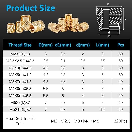 320+6Pcs M2 M2.5 M3 M4 M5 Premium Brass Threaded Inserts, Metric Brass Knurled Nuts Assortment Kit, with Heat Set Insert Tool, for Plastic and 3D Printing Components, All-in-one