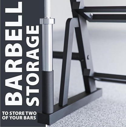 Synergee 3-Tier Dumbbell Storage Rack with 2 Barbell Holders and 4 Weight Plate Pegs, Featuring 2-Tier Dumbbell Storage and 3rd Tier for Kettlebell Storage – Accommodates 1" and 2" Plates – All-in-One