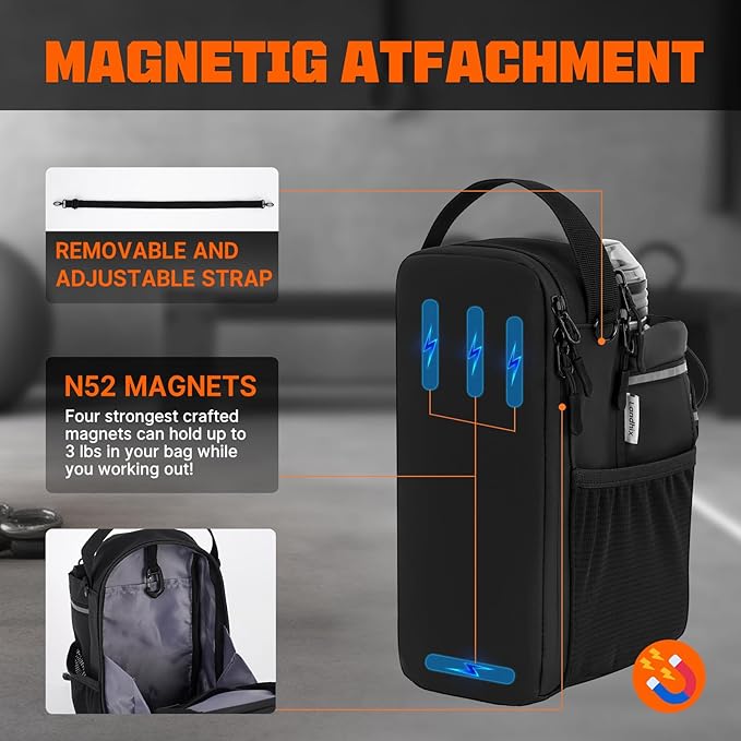 Magnetic Gym Bag with Storage Pockets & Bottle Holder, Lightweight Sports Organizer with Detachable Shoulder Strap, Fitness Bag for Gym, Training, Travel & Home Gym, Durable Strong Magnets Design