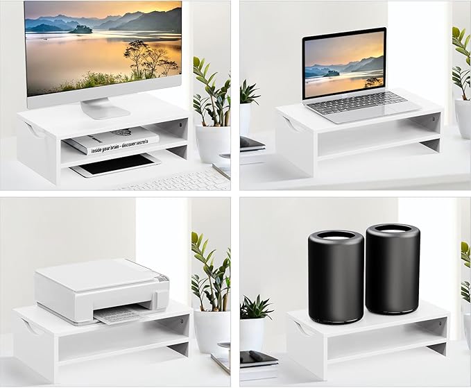 Monitor Stand Riser for Desk, 2 Tiers Laptop Computer Riser for PC Screen, iMac, Desktop Wooden Screen Monitor Stand with Storage Organizer for Home Office, White