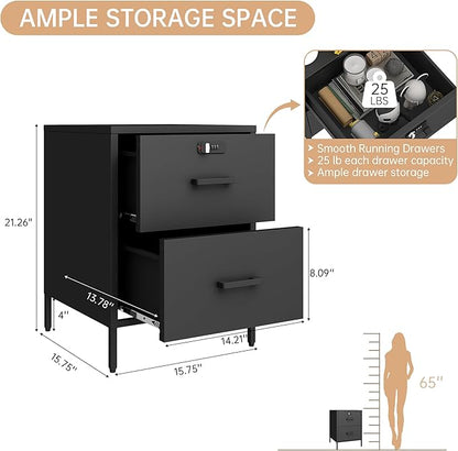 Metal Nightstand,2 Drawer End Side Table Lockable Modern Locker Storage Cabinet for Living Room, Bedroom, Dorm, 21.26”H X 15.75”W X 15.75”D (2 Drawer, Black)