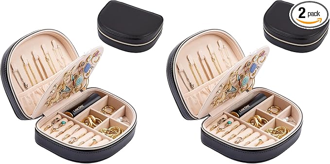 ProCase Travel Size Jewelry Box, Small Portable Seashell-Shaped Jewelry Case, 2 Layer Mini Jewelry Organizer in PU Leather for Women -Black (Pack of 2)
