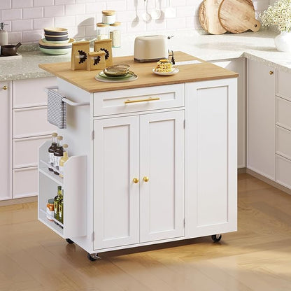 Kitchen Island with Storage, Rolling Kitchen Table with Drop Leaf, Charging Station, 3 Open Adjustable Shelf & Drawer, Towel Rack, Mobile Kitchen Cart for Dining Room, White and Natural