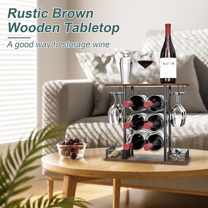 Countertop Wine Rack, 3 Tier Wood & Metal Small Wine Rack Up to Hold 6 Bottles and 4 Glasses, Wine Bottle Holder for Home Bar Tabletop Kitchen Cabinet, 6.29" D x 16.14" W x 15.82" H