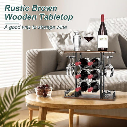 Countertop Wine Rack, 3 Tier Wood & Metal Small Wine Rack Up to Hold 6 Bottles and 4 Glasses, Wine Bottle Holder for Home Bar Tabletop Kitchen Cabinet, 6.29" D x 16.14" W x 15.82" H