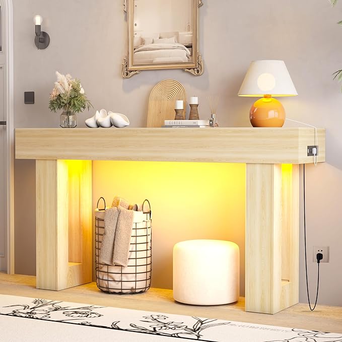 Depeht 63" Long Console Table with Power Outlet LED Lights, Wooden Farmhouse Sofa Behind Couch Table w/Storage, Large Industrial Hallway Accent Furniture for Living Room, Entryway, Hallway (Natural)
