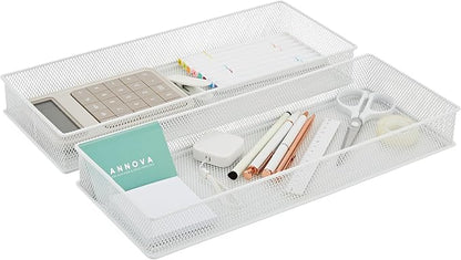 Annova Mesh Stackable Drawer Cabinet and Shelf Organizer Bins Storage Basket School Office Supply Holder Tray- Set of 2 (White, 6x15x2 Inch)