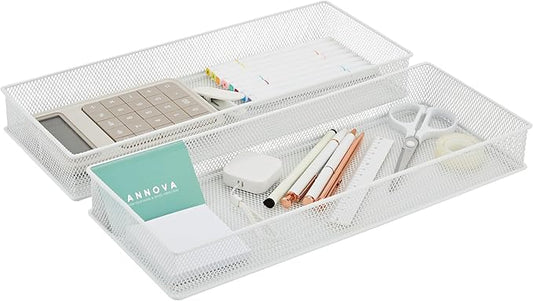 Annova Mesh Stackable Drawer Cabinet and Shelf Organizer Bins Storage Basket School Office Supply Holder Tray- Set of 2 (White, 6x15x2 Inch)