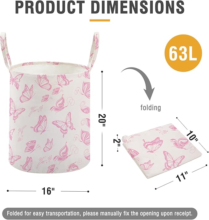 TECHMILLY Large Storage Basket for Girls and Boys, Collapsible Laundry Hamper with Long Handles, Toy Bins for Nursery, Kids Room Décor (Pink Butterfly)