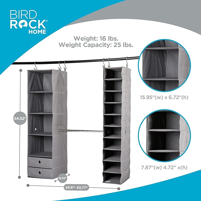 BIRDROCK HOME 5pc Hanging Closet Organizer System with Storage Shelves - Grey - Shoe Clothing Organization - Great for College Dorms or Kid Bedrooms Nursery