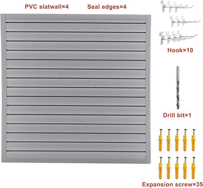 Slatwall Panel Garage Wall Organizer Storage Systems, Wall Mounted PVC Storage Rack with 10 Hooks, Interlocking Workshop Slat Wall Paneling Sheets Board Shelves Tools Organization-Grey (4’H x 4’W)