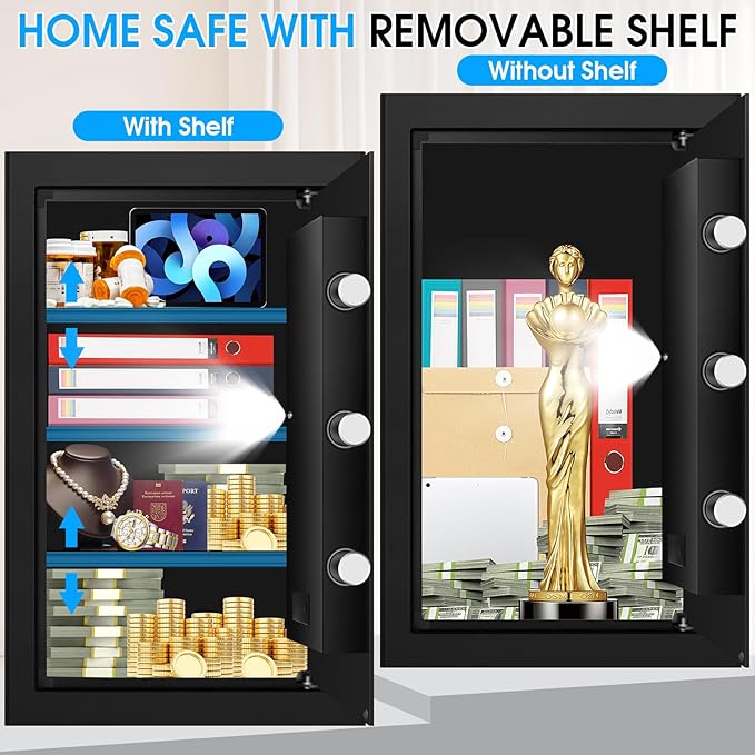 5.2 Cu Ft Large Home Safe Box Fireproof Waterproof, Personal Security Safe with Digital Keypad, Spare Keys, Alarm System and 3 Removable Shelves, Fire Document Safes for Home Money Medicine Valuables
