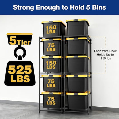 WORKPRO 2 Pack 5-Tier Tote Storage Rack, Heavy-Duty 27 Gallon Tote Storage Rack Holds 10 Totes, 1050 LBS Storage Bin Rack for Garage, Kitchen, or Basement, 30.5"x22.5"x69", Black