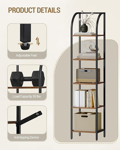 Bookshelf Bookcase Narrow Bookcase Shelf Organizer with Steel Frame for Study Living Room Bedroom Kitchen Home Office Industrial Bookshelf 5-Tier Rustic Brown BC55001B