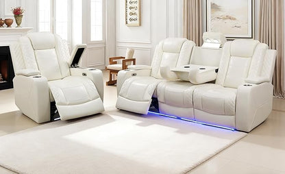Power Reclining Couch Set for Living Room, Living Room Furniture Sets Include 1 Recliner Chair, 3 Seat Sofa, Soft Leather Creamy White Recliner Sofa Furniture Set for Home and Office