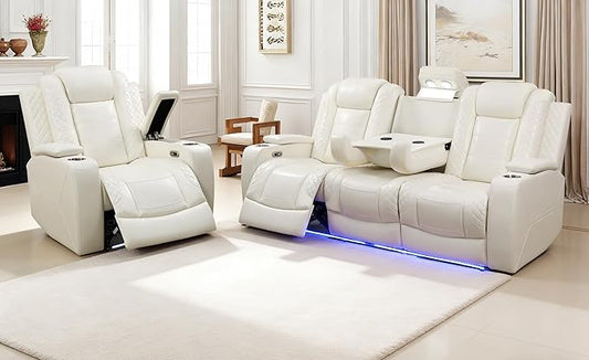 Power Reclining Couch Set for Living Room, Living Room Furniture Sets Include 1 Recliner Chair, 3 Seat Sofa, Soft Leather Creamy White Recliner Sofa Furniture Set for Home and Office