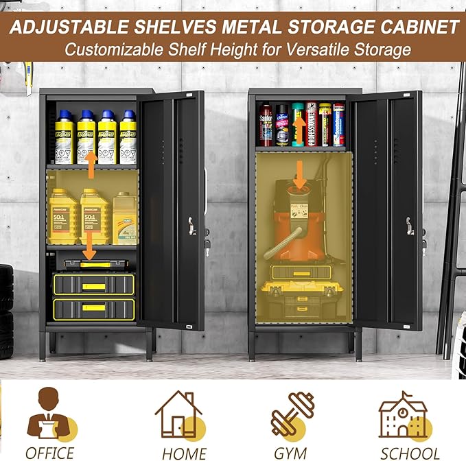 35.43" Metal Storage Locker with Lockable, Metal Steel Locker for Employees with 1 Door ＆ 2 Adjustable Shelves, Small Locker Storage Cabinets for Home, School, Office, Gym (Black)