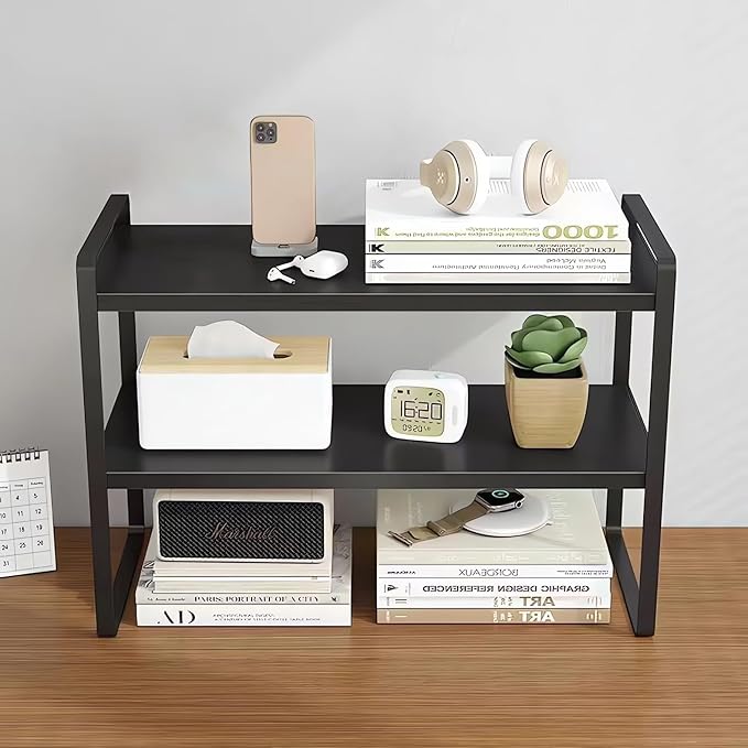 Hbluefat Desktop Organizer Shelf, 2-Tier Multipurpose Tabletop Storage Bookshelf, Small Wooden Countertop Storage Rack for Home Office Kitchen (Black+Black)
