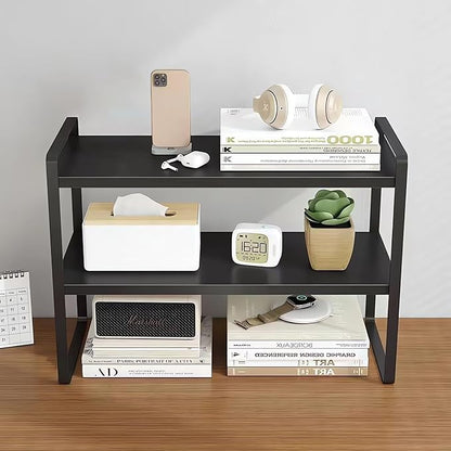 Hbluefat Desktop Organizer Shelf, 2-Tier Multipurpose Tabletop Storage Bookshelf, Small Wooden Countertop Storage Rack for Home Office Kitchen (Black+Black)