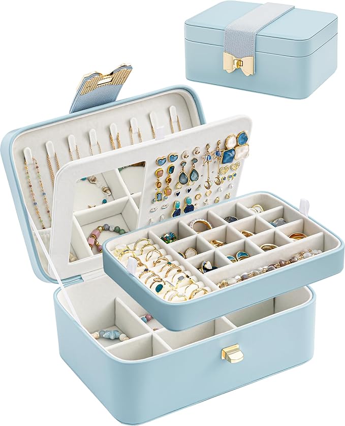 Lolalet 2 Layer Jewelry Box for Teen Girls & Young Women, Jewelry Organizer Case with Bow Clasp and Mirror for Earrings Rings Necklaces Storage, Gift Idea -Blue