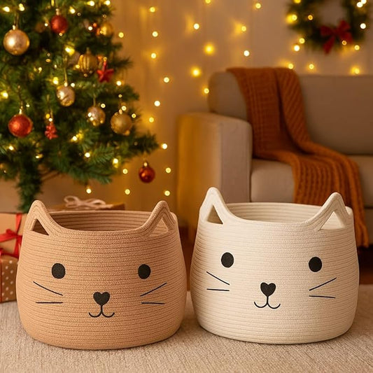 VK VK·LIVING Animal Hamper Large Woven Animal Cotton Rope Storage Basket Laundry Basket Organizer With Cat Design for Towels Blanket Toys Clothes Pet Hamper for Cat 15 L x 15 H