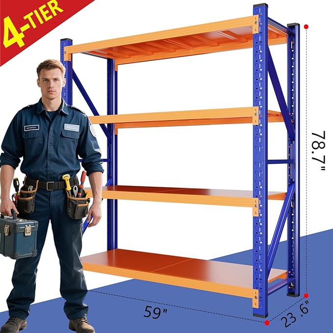 79" H Garage Shelving,4200 LBS Heavy Duty Storage Rack,4 Tiers Metal Storage Rack Shelf, Adjustable Shelving Unit for Garage,Kitchen,Warehouse,Basement,78.7" H x 59" W x 23.6" D,Blue&Orange