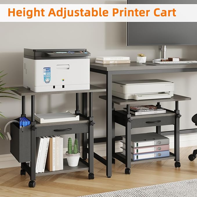 YAOHUOO 22"x15" Large Printer Stand with Drawer and-side Bag, Adjustable 3-Tier Printer Cart for Home Office, Rolling Printer Stand Fit Heat Press/Laser/3D Printer (Grey)