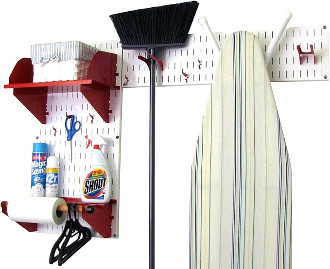 Wall Control Laundry Room Organizer Wall Mounted Laundry Room Storage and Organization Standard Kit White Wallboard and Red Accessories