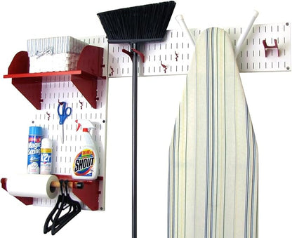 Wall Control Laundry Room Organizer Wall Mounted Laundry Room Storage and Organization Standard Kit White Wallboard and Red Accessories