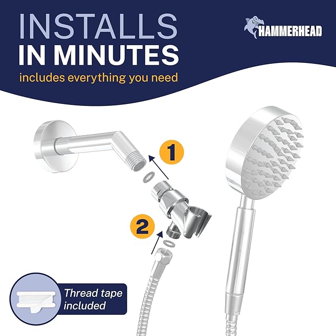 HammerHead Showers® Solid Metal Handheld Shower Head Holder - Chrome - Adjustable Shower Wand Holder with Wall Hook Bracket and Pivot Ball - Hand Held Shower Head Holder - Shower Hose Holder