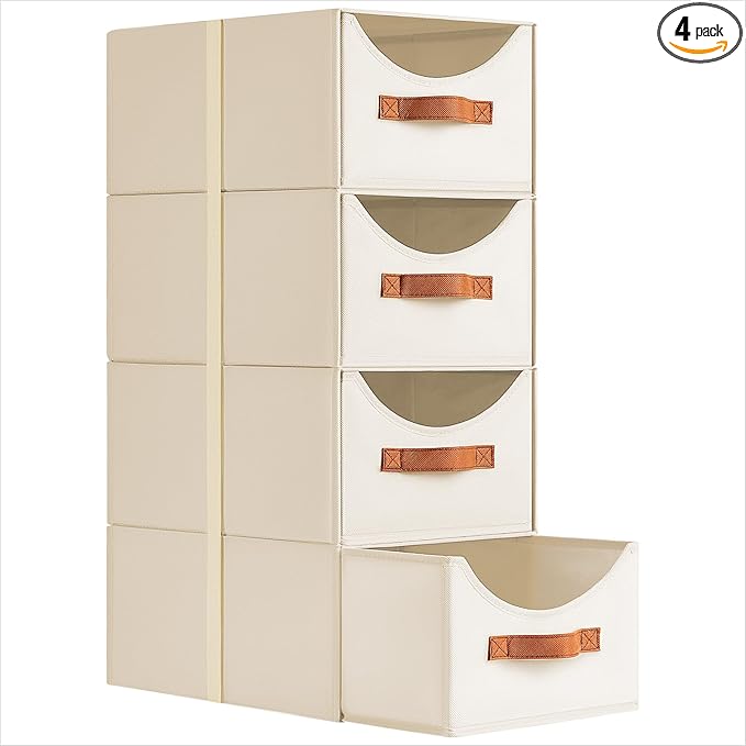 Stackable Storage Drawers - Collapsible Storage Bins with Drawers, 4 Pack Closet Shelf Organizer Basket, Fabric Pull Out Organizer for Bedroom, Living Room, Dorm, Beige