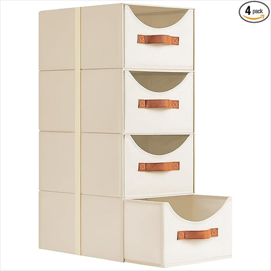 Stackable Storage Drawers - Collapsible Storage Bins with Drawers, 4 Pack Closet Shelf Organizer Basket, Fabric Pull Out Organizer for Bedroom, Living Room, Dorm, Beige
