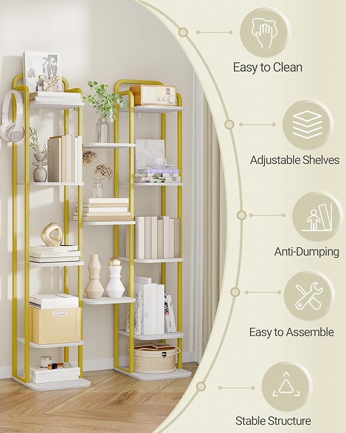 8 Tiers Vertical Shoe Rack, Narrow Shoe Tower, Tall Shoes Shelf with 2 Hooks, Adjustable Shelves, Corner Shoes Shelves for Small Spaces, Entryway, Living Room, White Gold SR04313A