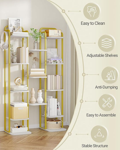 8 Tiers Vertical Shoe Rack, Narrow Shoe Tower, Tall Shoes Shelf with 2 Hooks, Adjustable Shelves, Corner Shoes Shelves for Small Spaces, Entryway, Living Room, White Gold SR04313A