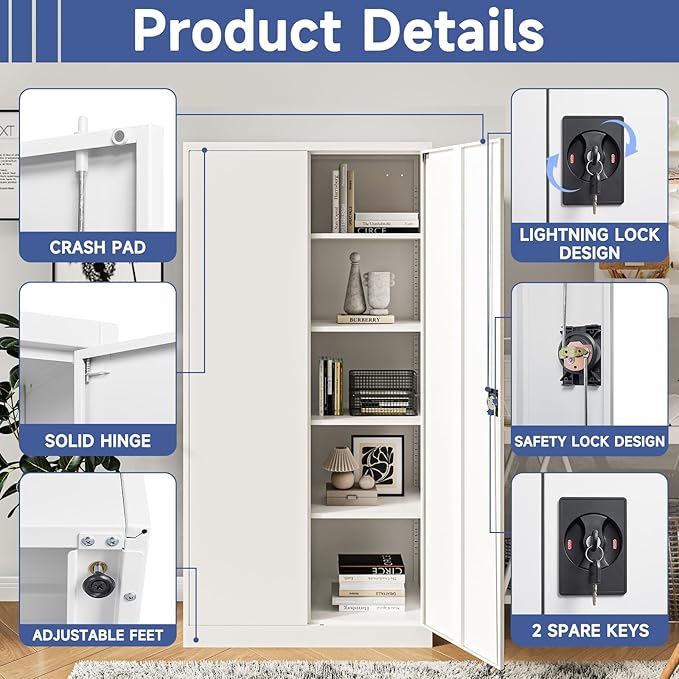 Metal Storage Cabinet with 2 Doors and 4 Adjustable Shelves, 71" Steel Garage Storage Cabinet, Locking Tool Cabinets for Office, Home,School,Kitchen,Garage Tool Utility Cabinet