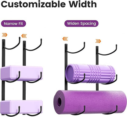 Yoga Mat Holder Wall Mount, 3-Tier Storage Rack for Yoga Mat, Foam Roller, Block, Yoga Accessories, Wall Organizer for Home Gym, Gym, Workout Room, Metal, Black
