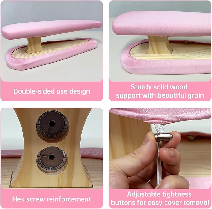 Tailor Sleeve Ironing Board, Two-Sided Cotton Padded Tailor's Ironing Stool with Removable Cover, Professional Garment Pressing Aide, Pink