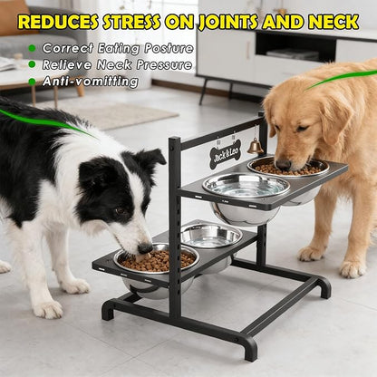 SHAINFUN Elevated Dog Bowl Stand with 4 Stainless Steel Bowls (58oz) & 1 Slow Feeder, 9 Height Adjustable Raised Dog Bowl from 4.9" to 14.5" for Large Dogs & Multi-Pet Homes