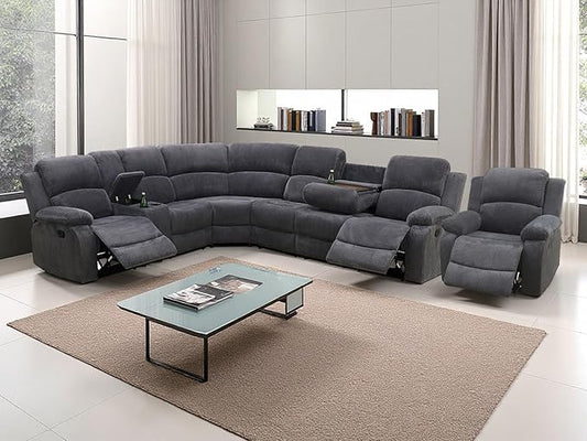 Dark Grey Corduroy Reclining Sectional Sofa Set, Living Room Furniture Sets, Sectional Maunal Recliner Sofa and Chair with Cup Holders, Drop-Down Table,Storage Console for Living Room,Bedroom