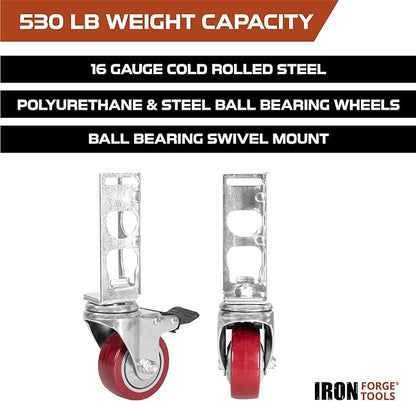 Iron Forge Tools Rolling Storage Rack Caster Wheels Heavy Duty - Set of 4 Locking Castor 3 Inch 530 lb Capacity for Boltless Self Locking Shelving Racks, Nylon and Steel Ball Bearing Wheels